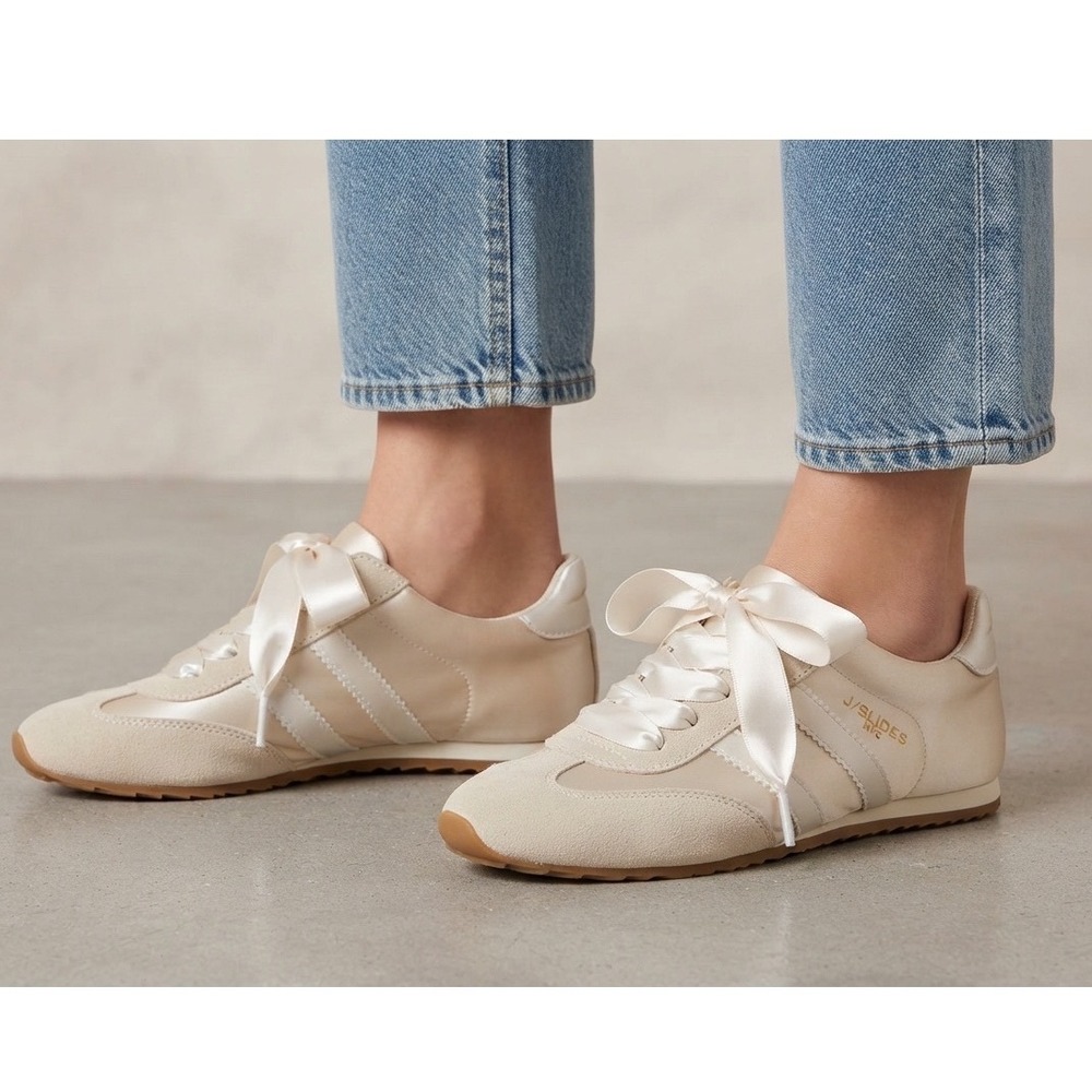 J/Slides NYC Womens Satin and Suede Ribbon Lace Sneakers Cream Size 7M